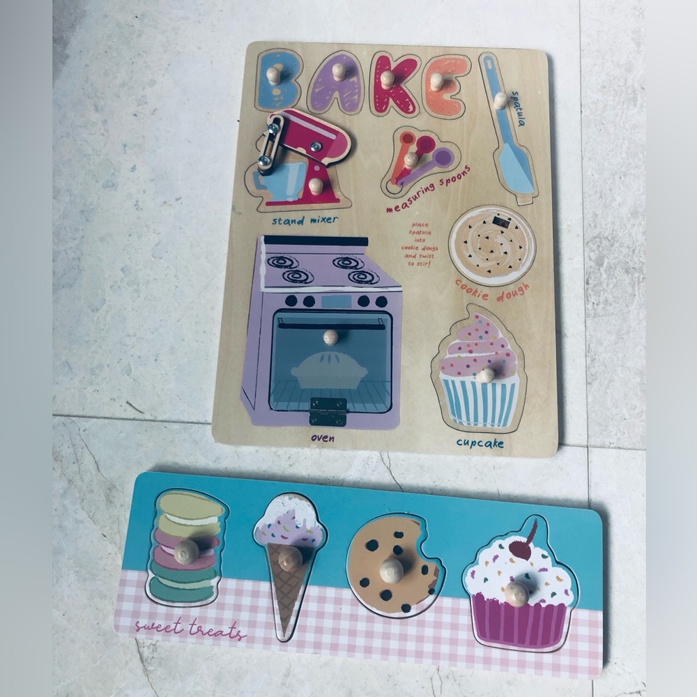Wooden Baking & Sweet Treats Knob Puzzle Boards .